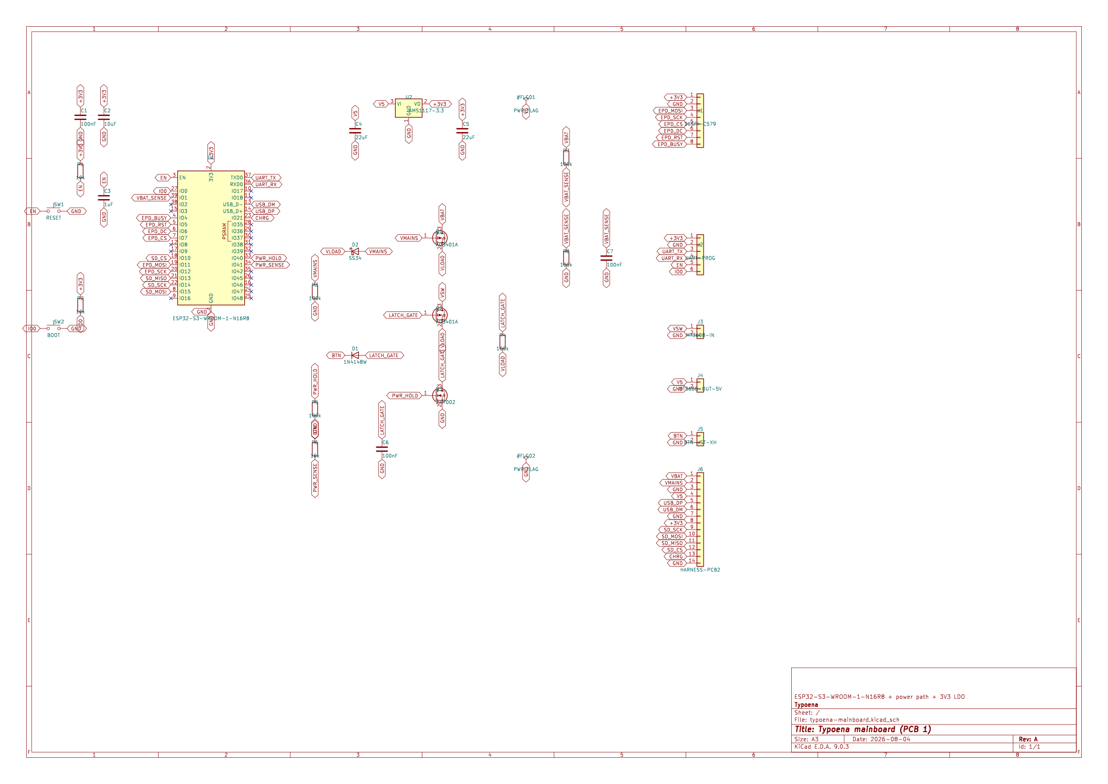 KiCad schematic of the Typoena mainboard: ESP32-S3-WROOM-1 module, AMS1117 3.3 V regulator, load-sharing power path and soft power latch, and the headers for the e-paper adapter, boost converter and PCB 2 harness.