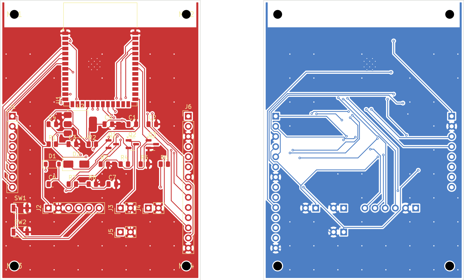 Front and back copper layers of the Typoena mainboard. Both layers are filled with a ground pour, cut through by signal traces, with a copper-free band across the top under the module antenna.